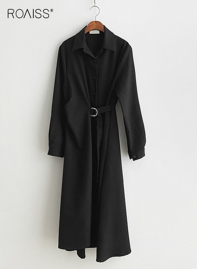 رويس فستان ميدي ملفوف بخصر عالٍ للنساء، فستان أنيق بأكمام طويلة وياقة قميص مع حزام، فستان معطف بسيط بتصميم A-Line يبرز جمال القوام مع تصميم يحدد الخصر، زي أنيق مناسب لفصل الخريف للعمل والمواعيد الرسمية، أسود - Image 5